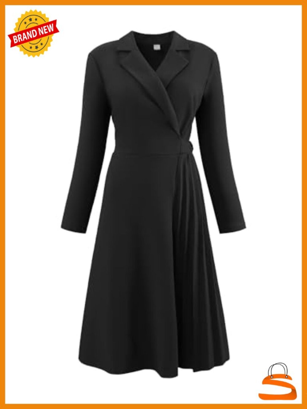 Women's Pleated Midi Wrap Dress A-Line Long Sleeve Faux Wrap Office Work